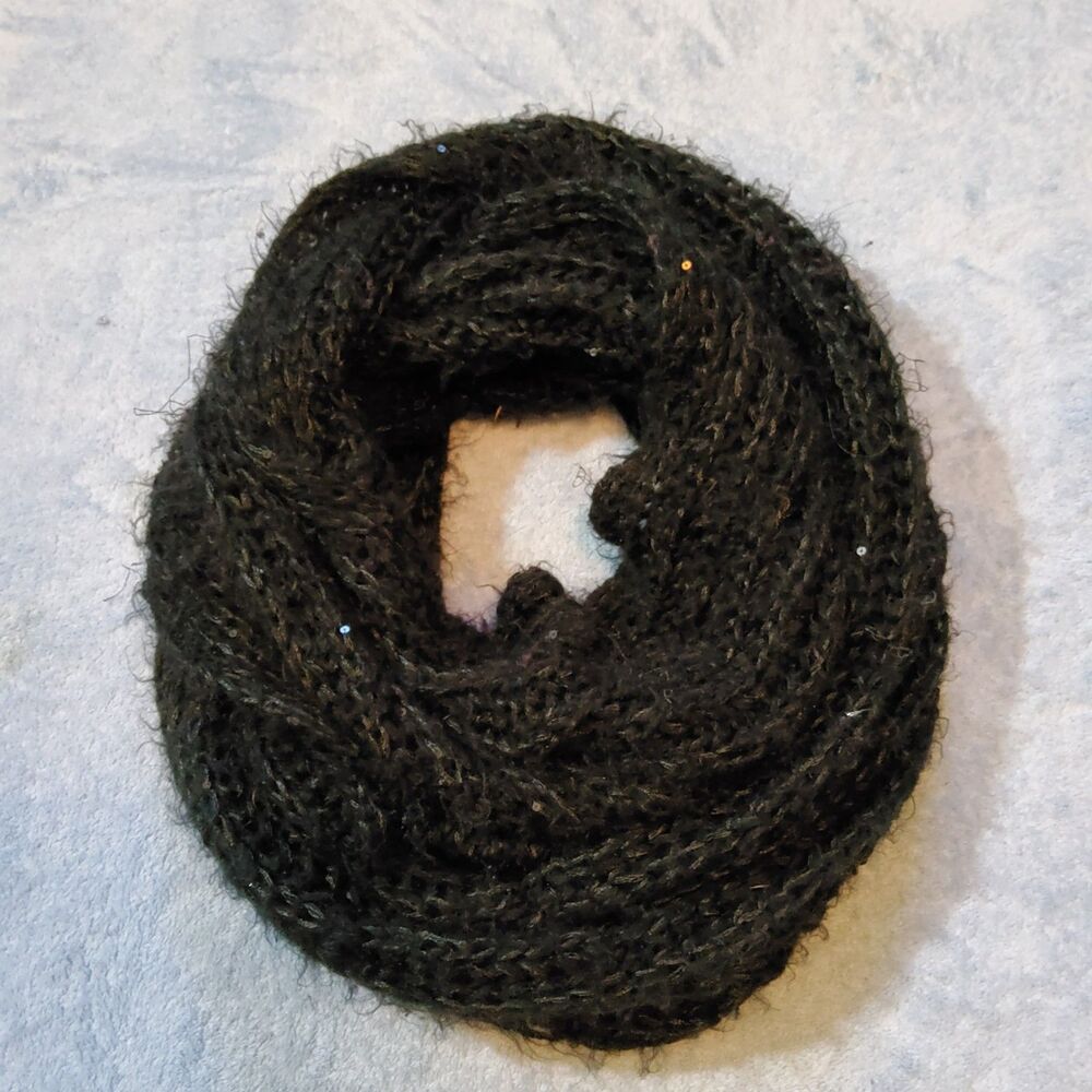 Black Sequin Open Knit Infinity Scarf Sparkle Metallic Loop Cowl Scarf Winter